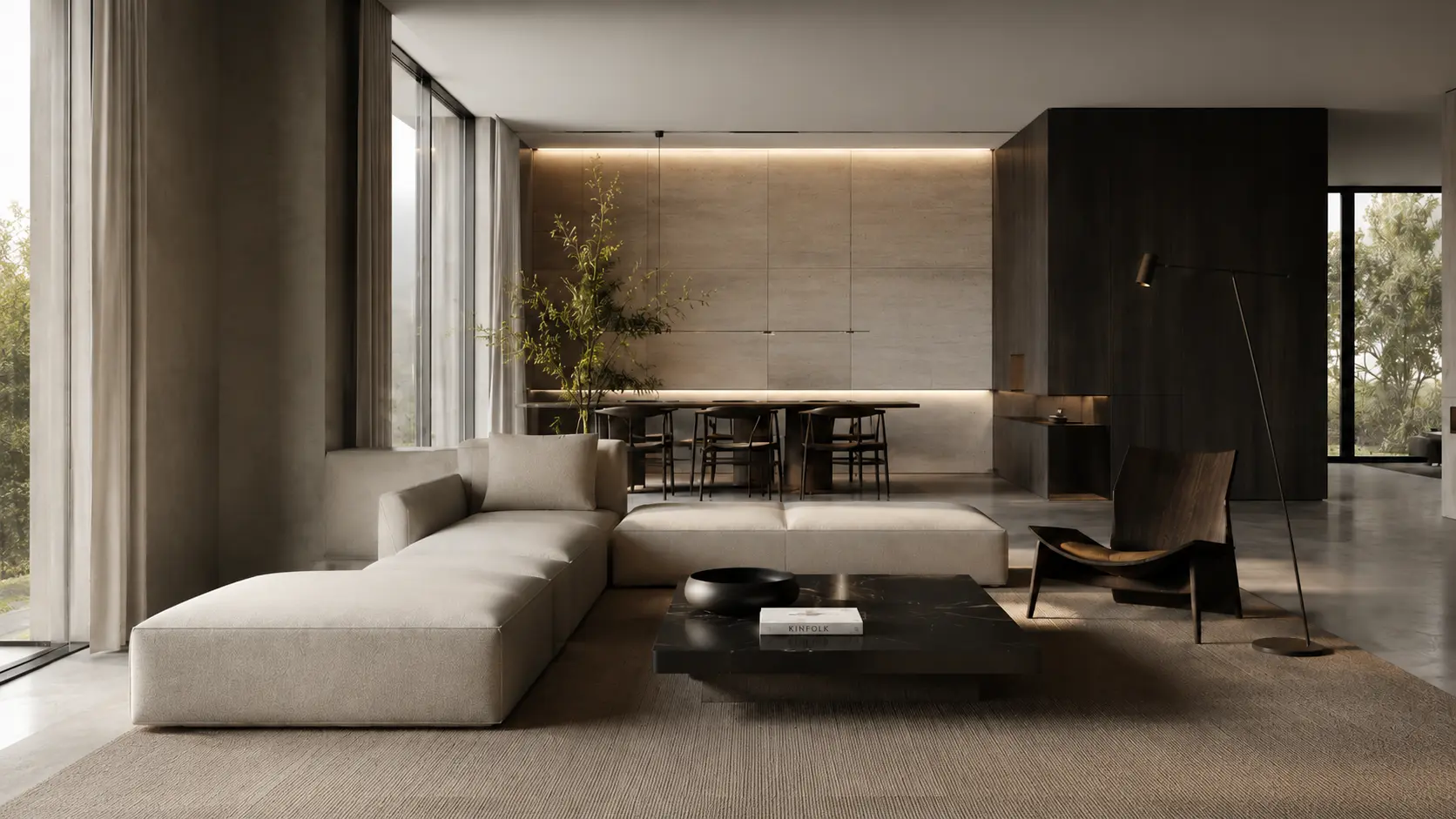 Minimalistyczny salon z jadalnią w ciepłych naturalnych odcieniach